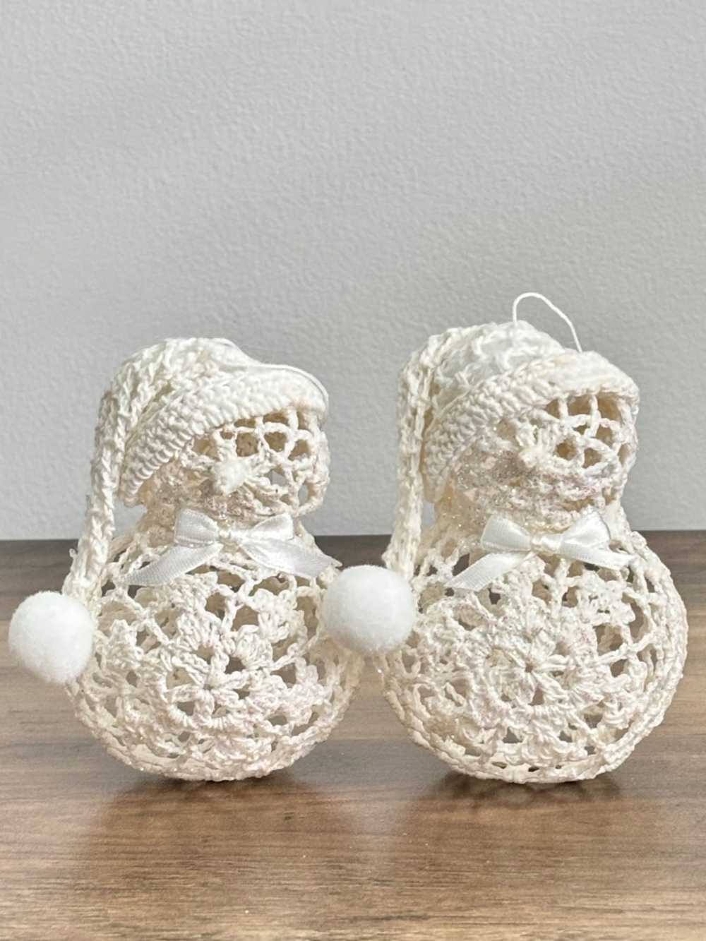 VINTAGE Handmade Crochet Snowman White Starched Crochet Standing Ornament SET 2